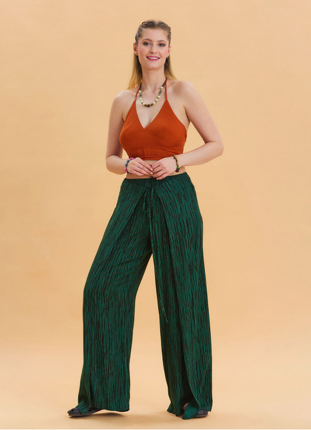 Green Ethnic Trousers with Elastic Waist and Tie Detail 4471